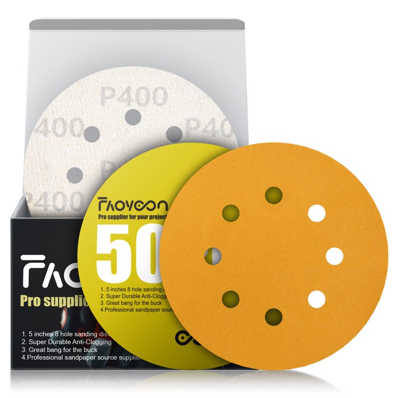 Faoyoon 5 Inch Sanding Discs Hook and Loop | 400 Grit Sandpaper | Orbital Sander Pads | Sand Paper for Automotive and Woodworking | 50 Pack - Image 1